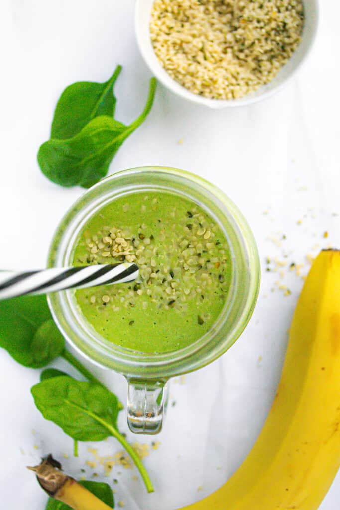 green smoothie from above with hemp seeds