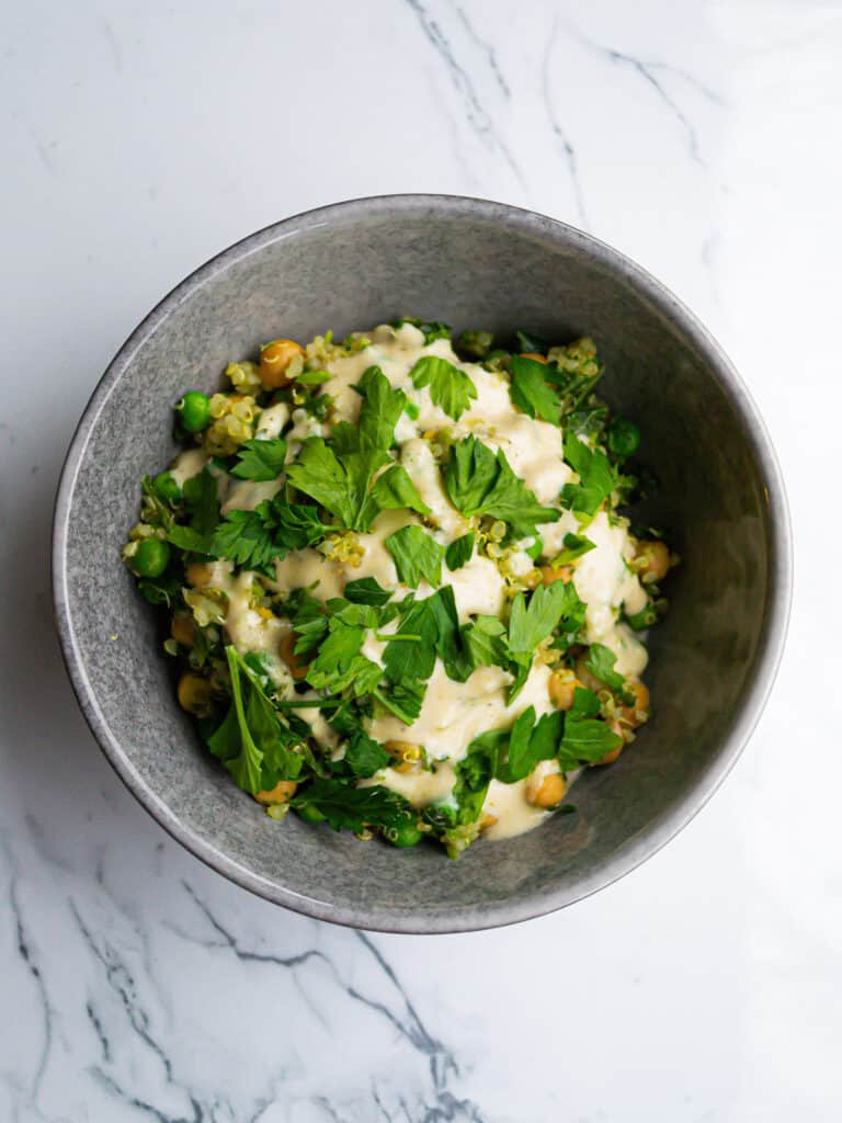 easy quinoa salad with chickpeas and greens
