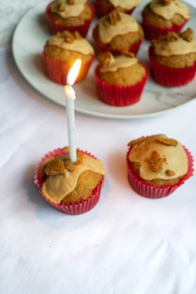 vegan biscoff cupcake with a candle