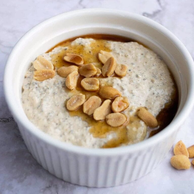 Peanut butter blended oats in a ramekin.