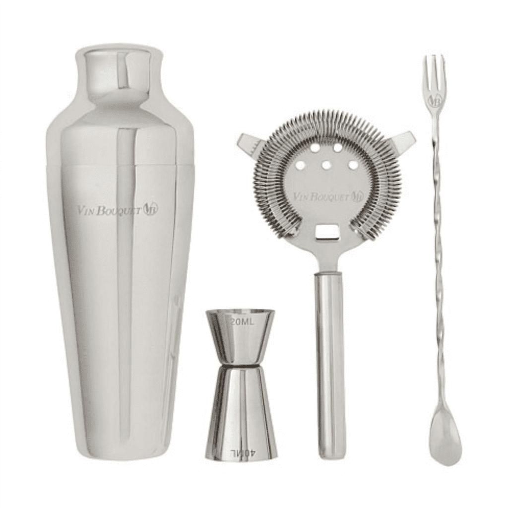 Vin Bouquet cocktail kit including shaker, jigger, strainer and stirring spoon.