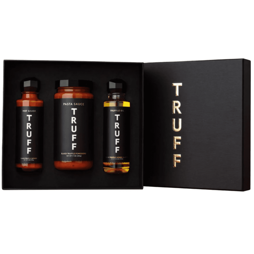 A black gift box with 3 black truffle TRUFF sauces inside.
