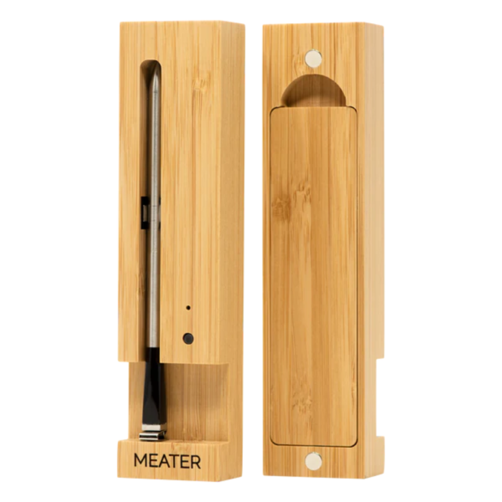 Meater meat thermometer in a wooden box.