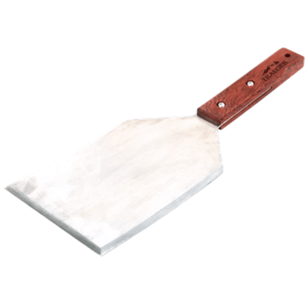 Traeger large meat spatula with wooden handle.