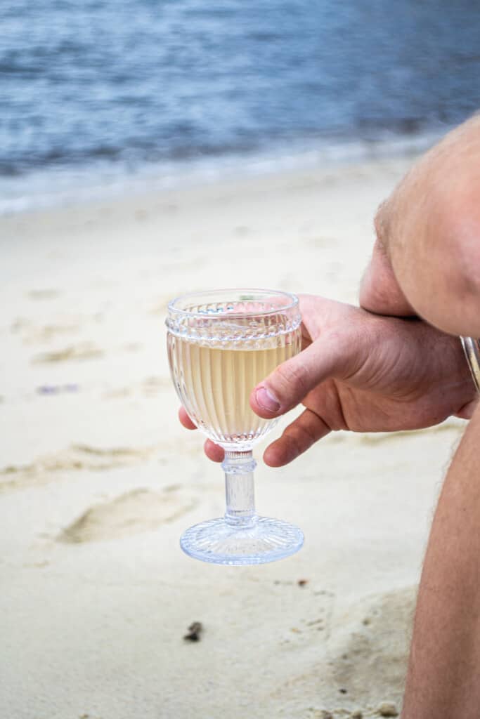 Photo of a hand holding a glass of NON 3 with the beach and ocean in the background.
