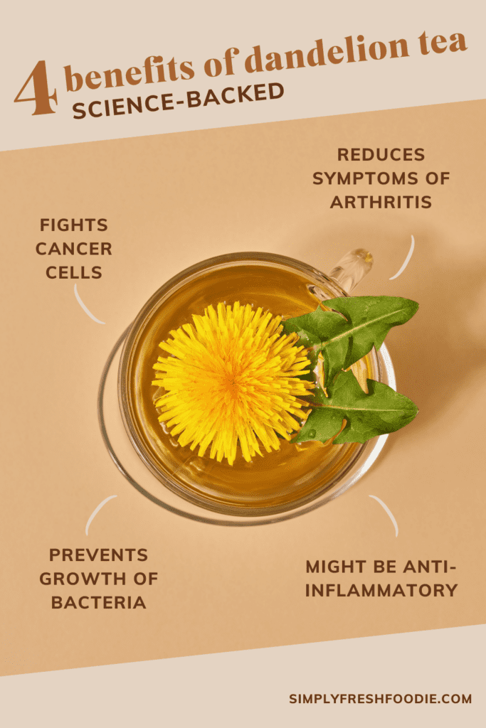 Infographic showing '4 Benefits of Dandelion Tea, science-backed', with a cup of dandelion tea in the centre and benefits surrounding it including 'fights cancer cells', 'reduces symptoms of arthritis', 'prevents growth of bacteria', and 'might be anti-inflammatory'.