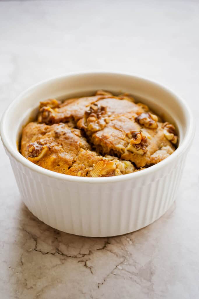 Side view of a single serving banana bread made with vegan egg.