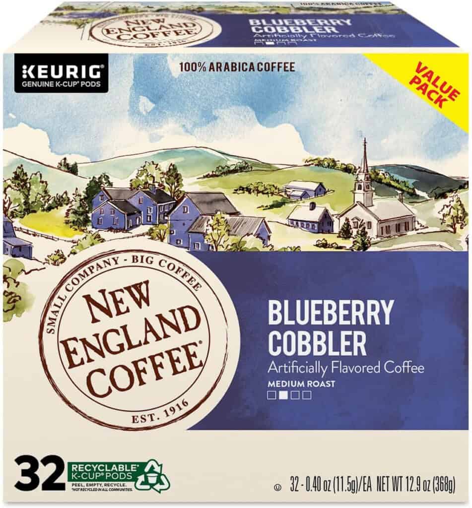 Product shot of a box of New England Coffee Blueberry Cobbler Flavoured Coffee.